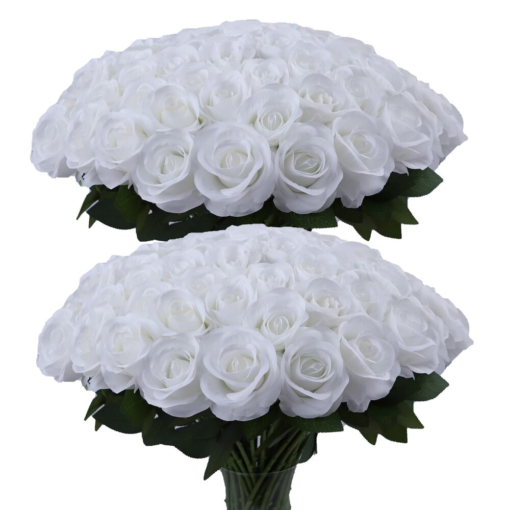 3067 50pcs White Roses Artificial Flowers White Silk Roses with Long Stems